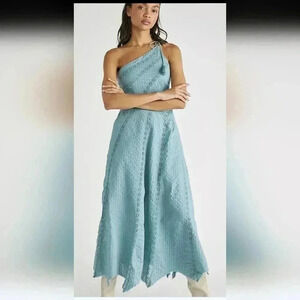 Free People Bella Maxi Dress Lace Inserts One Shoulder Tie Shoulder Mint aqua